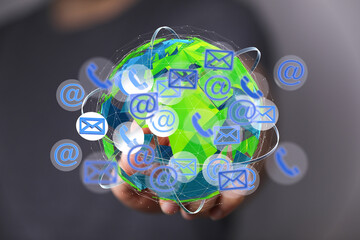 Image depicts a digital globe with email, phone, and @ symbols, representing global communication.