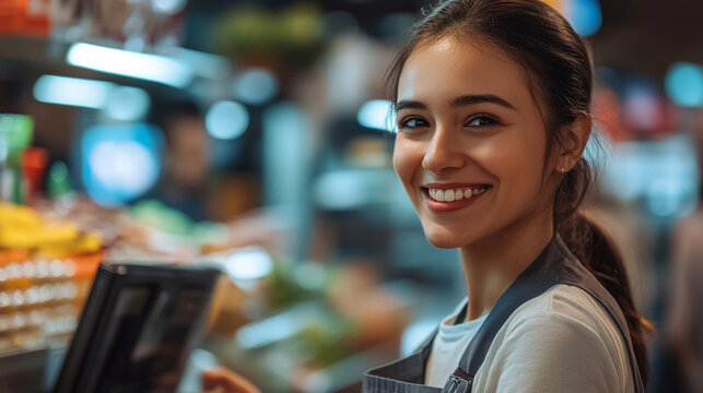 Close-up smiling-employees-at-the-checkout