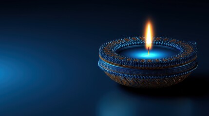 Happy Diwali Glowing oil lamp in shades of blue and gold on dark blue background Lighted wick
