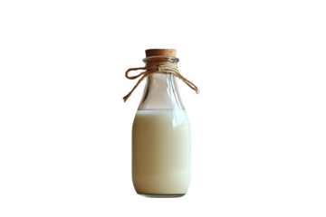 Clear glass milk bottle with narrow neck isolated on white background