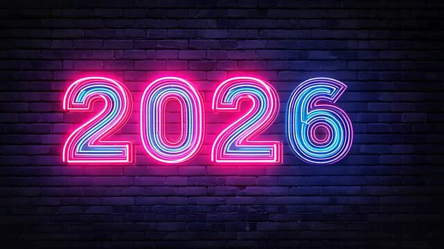 Bright neon inscription of the year 2026 illuminated against a brick wall	