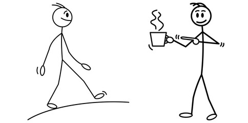 Stick Figure Coffee Break Illustration – Walking Man Receives Hot Cup Line Art

