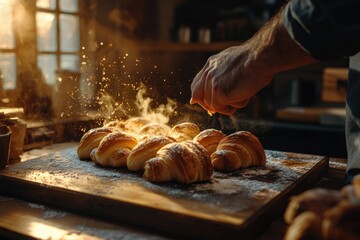 Baker pulling fresh golden croissants from the oven artisan bakery food photography rustic kitchen close-up culinary delight