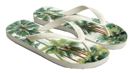 Flip-flops with palm tree print, slightly angled, white background, PNG