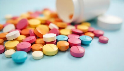 Assorted colorful pills capsules and tablets in various shapes and sizes for medication and health treatment, created with generative ai