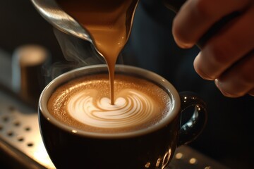 Barista pouring silky smooth latte art coffee shop photography warm interior close-up craftsmanship unveiled