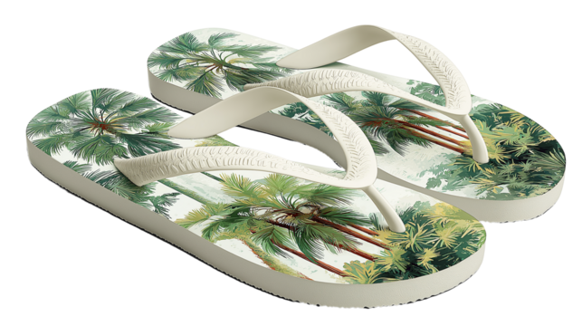 Flip-flops with palm tree print, slightly angled, white background, PNG