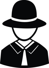 Stylized black silhouette of a person wearing a wide brimmed hat and formal attire with a tie