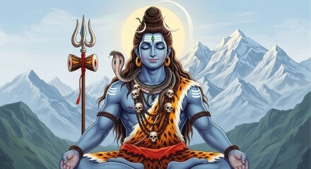 Obraz premium Serene Shiva Meditating in the Majestic Himalayas Surrounded by a Trident and a Snake