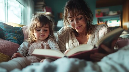 A heartwarming scene of a mother and her child enjoying story time together on a cozy couch, surrounded by warm sunlight and the comforts of a home environment.