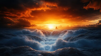 Fototapeta premium A breathtaking view of a vibrant sunset over turbulent ocean waves, capturing the serene beauty of nature, the interplay of light and water, and the adventure of exploration.