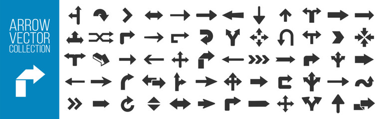 Arrow icon set, black cursor arrows collection, flat vector symbols for web design and interface, modern direction clipart on transparent background