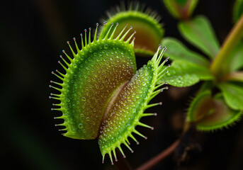 An elegant carnivorous plant with venus flytrap-like features, beautifully designed with gradient petals from deep emerald to bright lime green, gracefully catching mosquitoes in its artistic trap