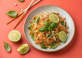 Delicious Pad Thai Noodles with Lime and Basil on Warm Background