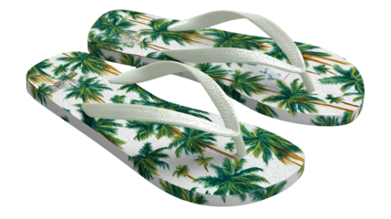 Flip-flops with palm tree print, slightly angled, white background, PNG
