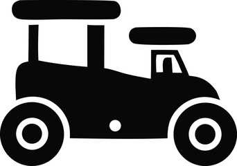Simple black silhouette icon of a toy tractor with large wheels and a flat roof representing childhood and agriculture