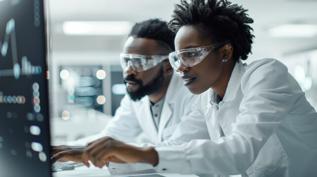 Two scientists are looking at a computer screen with a graph on it