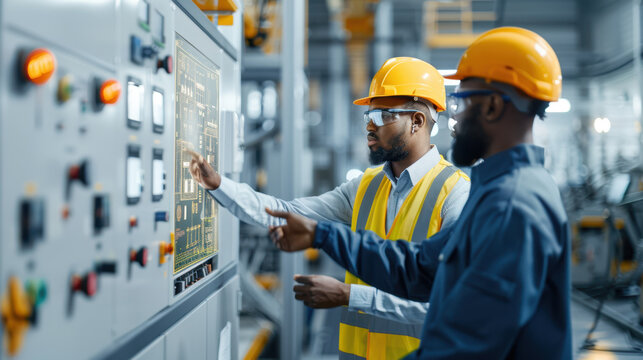Two men in safety gear are pointing at a control panel