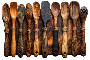 Collection of wooden kitchen utensils rustic cooking tools isolated on white background