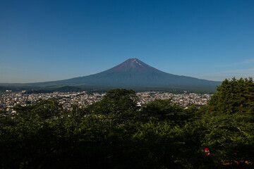 Fototapeta premium Chureito Pagoda overlooking Mount Fuji on a sunny and clear morning in Fujiyoshida, Japan.