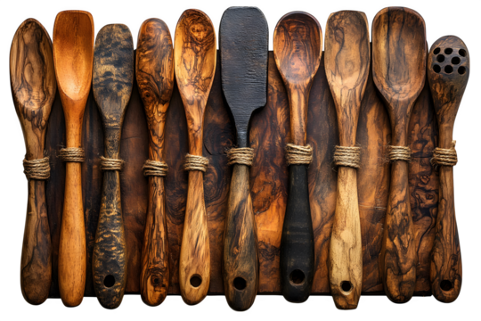 Collection of wooden kitchen utensils rustic cooking tools isolated on white background