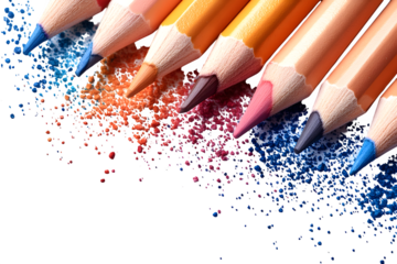 Colorful crayons scattered art supplies isolated on white background