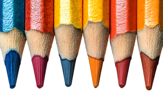 Colorful crayons arranged in a row artistic tools for kids isolated on white background