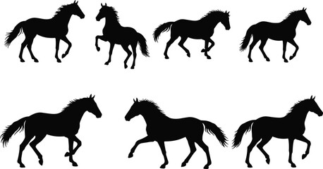 Horse silhouette collection, dynamic equine poses, black vector set, galloping and walking horses, wild animal icons, motion study graphic, elegant stallion illustration