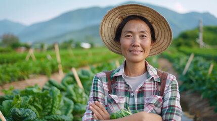 A woman wearing a straw hat and a plaid shirt stands in a field of vegetables