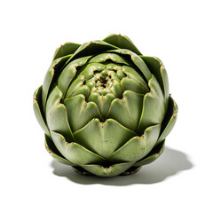 Fototapeta premium Close up of a fresh green artichoke with detailed petals isolated on white background