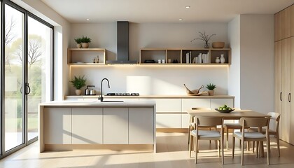 Fototapeta premium Interior of beige kitchen with counters, shelf unit and dining table , Empty classic kitchen, created with generative ai