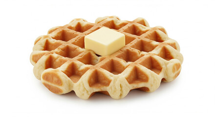 Golden brown waffle topped with a square of butter isolated on white background