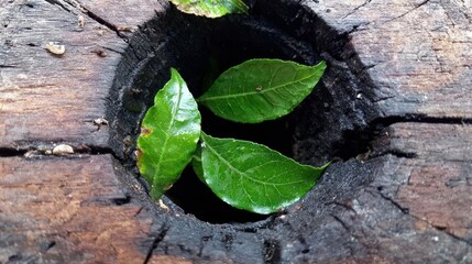 Small sprout in a wooden hole