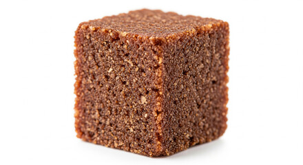 Close up of a single brown cube shaped food item with a textured surface isolated on white background