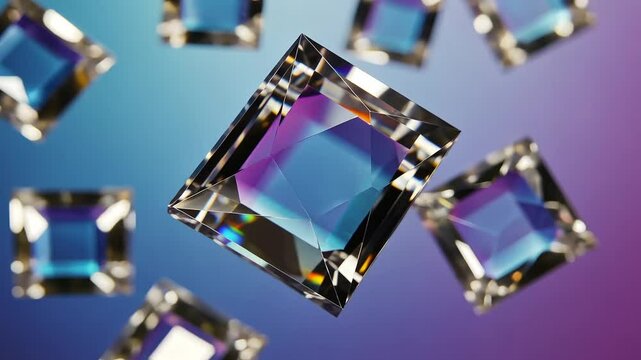 Floating Square Cut Diamonds with Iridescent Reflections on a Blue Purple Gradient Background in Clean Minimalist Style