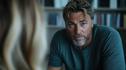A focused man with a rugged appearance gazing thoughtfully, portraying deep contemplation and emotional depth amidst a softly blurred background, showcasing intense expression.