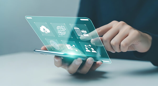 Person interacting with futuristic smartphone interface displaying data and application icons