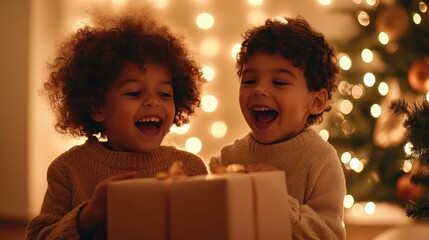 Two cheerful children with curly hair celebrate together, joyfully unwrapping a gift against a backdrop of festive lights and a decorated Christmas tree, radiating holiday spirit.