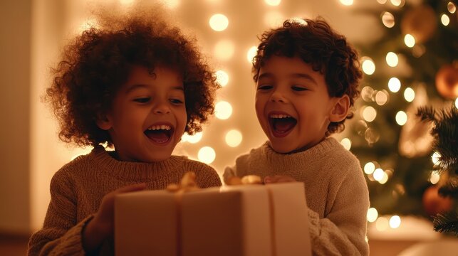 Two cheerful children with curly hair celebrate together, joyfully unwrapping a gift against a backdrop of festive lights and a decorated Christmas tree, radiating holiday spirit.