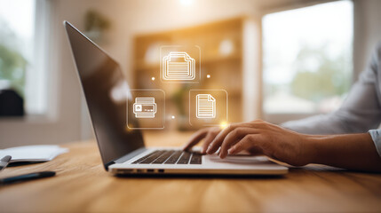 A laptop screen shows a person typing on a keyboard