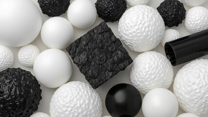 A dynamic arrangement of black and white spheres and shapes showcasing contrasting textures and forms.