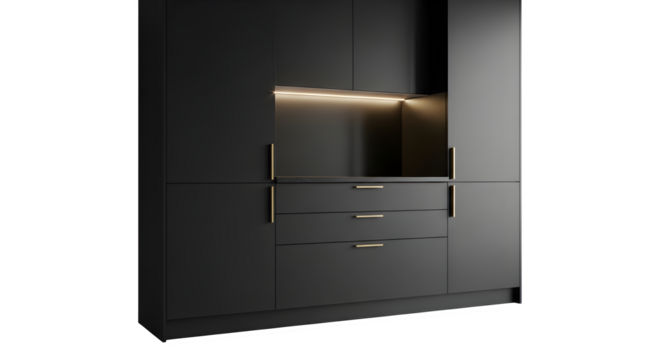 Modern black kitchen cabinetry 3d rendered isolated on white background