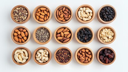 Healthy Snack Variety: Almonds, Cashews, Raisins, and Quinoa