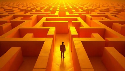 Navigating complexity requires strategic thinking and decision making as shown by a person facing a large intricate maze with high walls in yellow-orange tones created with generative ai