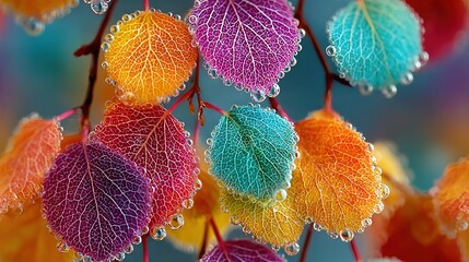   A macro image of several leaves with droplets of water and a clear blue backdrop