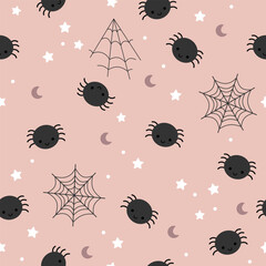 Halloween seamless pattern with spiders and spiderweb. Spooky Halloween vector background