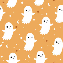 Cute Halloween ghost seamless pattern. Spooky Halloween hand drawn vector background