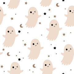 Cute Halloween ghost seamless pattern. Spooky Halloween hand drawn vector background