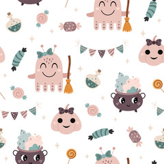 Cute Halloween seamless pattern for print, fabric, textile, background, scrapbook paper. Spooky vector illustration.