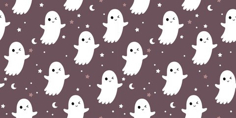Cute Halloween ghost seamless pattern. Spooky Halloween hand drawn vector background